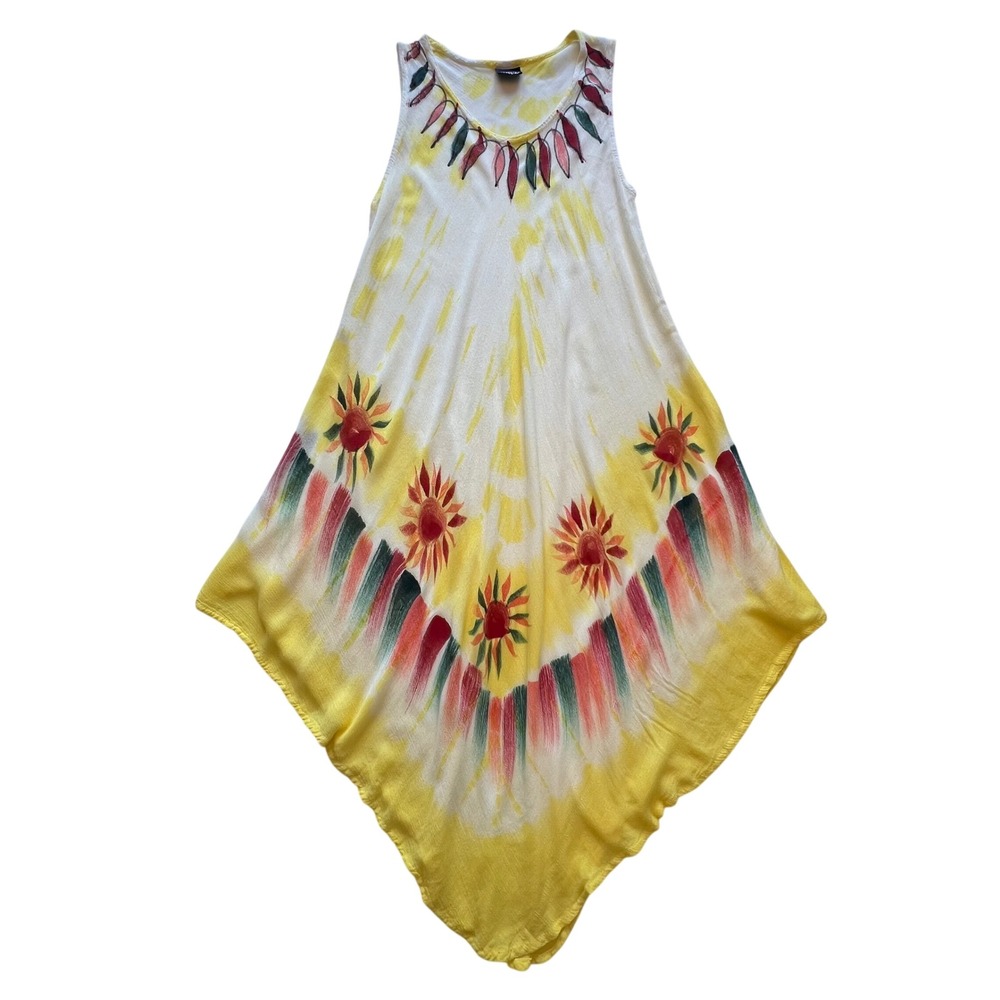 Cleopatra Yellow Tie Dye Hand Painted Floral Handkerchief Hem Dress Free Size